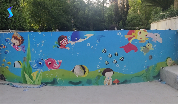 室外游泳池定制圖案膠膜鋪貼完成圖